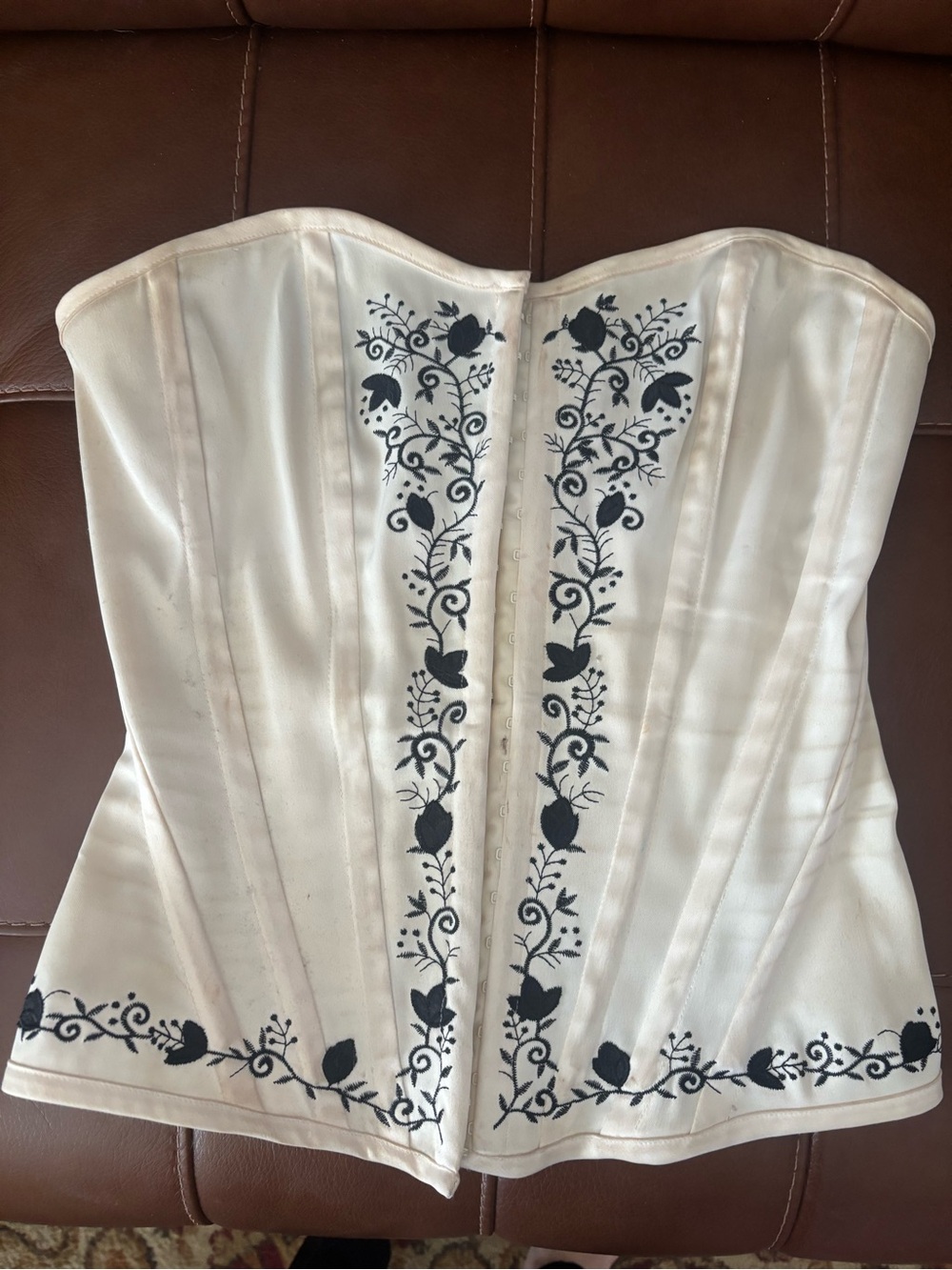 Charlotte Russe Ivory Strapless Corset Top with Black Floral Embroidery